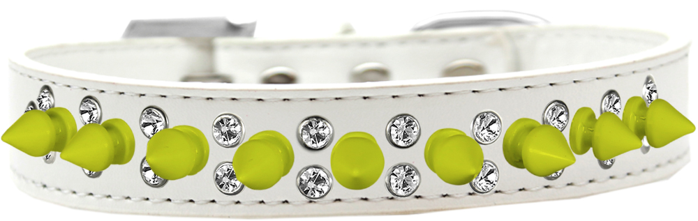 Double Crystal and Neon Yellow Spikes Dog Collar White Size 16